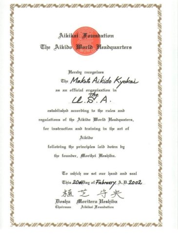 Makoto Aikido Kyokai Hombu Dojo Certificate
